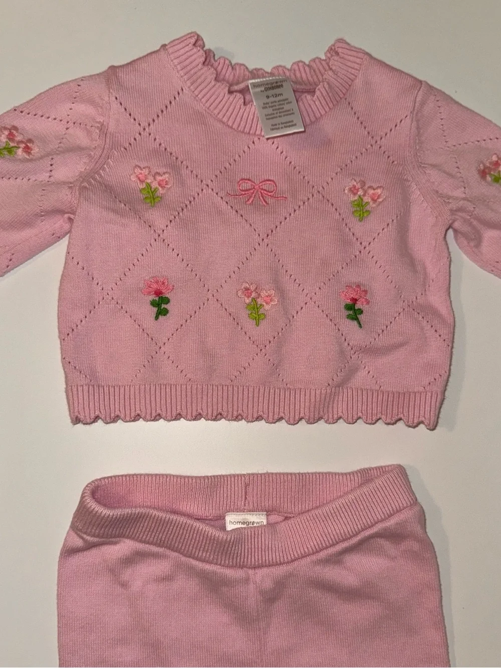 Pink Knit Sweater & Pants Set with Floral Embroidery